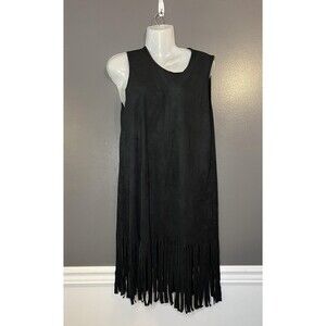Marianne Dress Womens Large Black Fringe Sleeveless Tank Tunic Boho Made USA